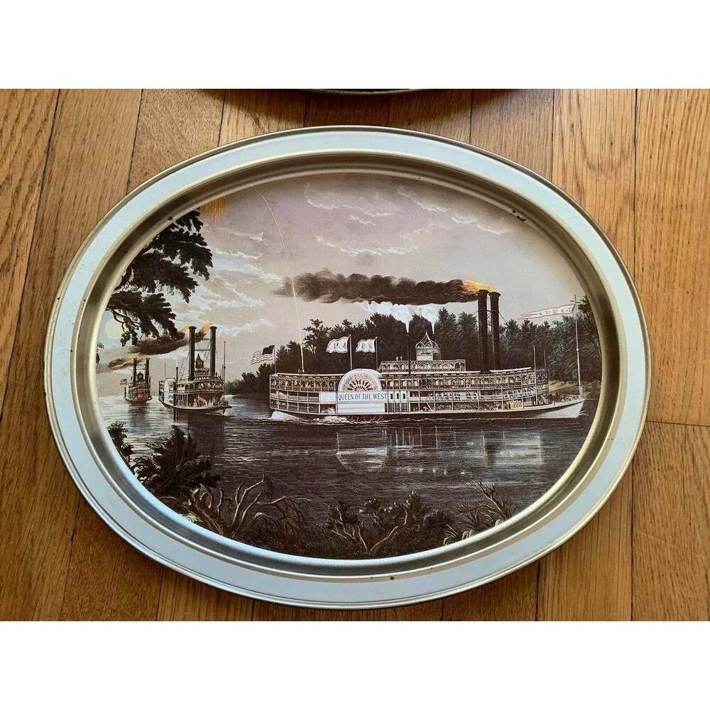 Currier and Ives Metal Serving Tray Mississippi 1965 1966 (set of 2) VTG Display
